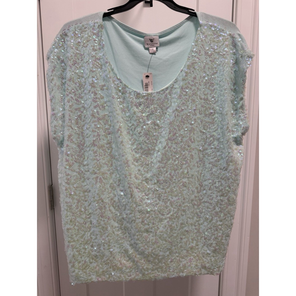 Worthington Mint Sequin Accent Blouse 1X Plus Size Pullover Solid